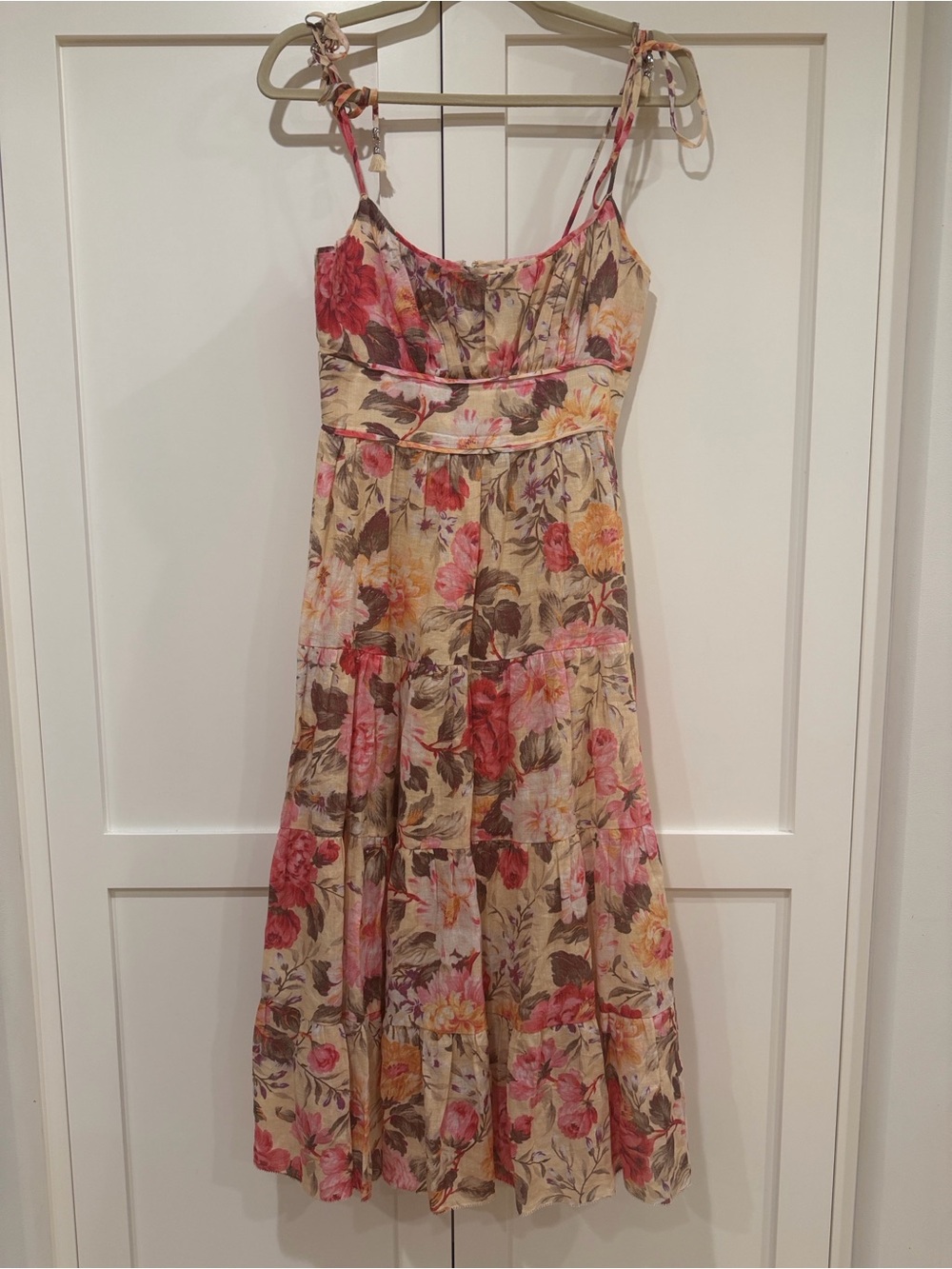 Zimmermann Beige Floral Tie-Shoulder Midi Dress with Pink and Red Blooms